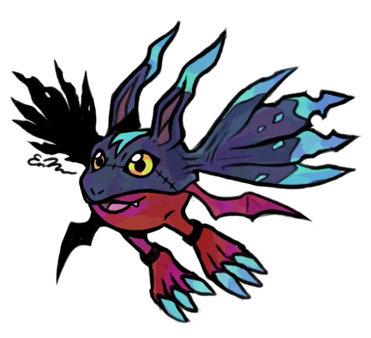 I did a hybrid Elekmon + Demidevimon as an art trade with <a href="/SouSumiChan/">Sou 🌈⭐</a> !! This was super fun <3 #Digimon