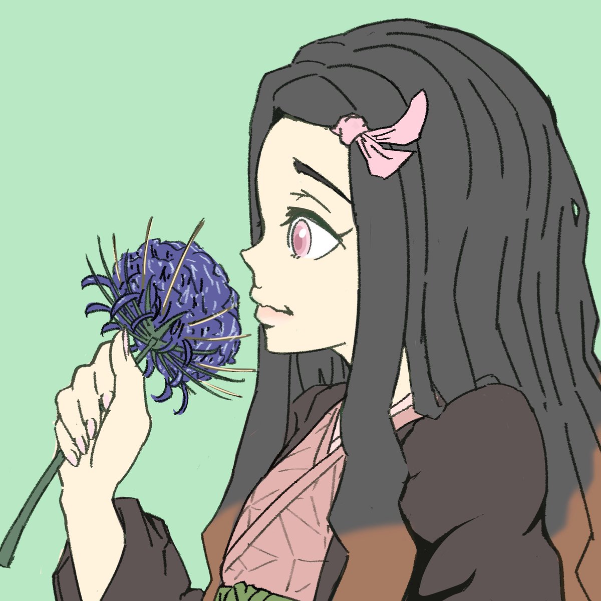 kamado nezuko 1girl flower solo long hair pink eyes japanese clothes black hair  illustration images