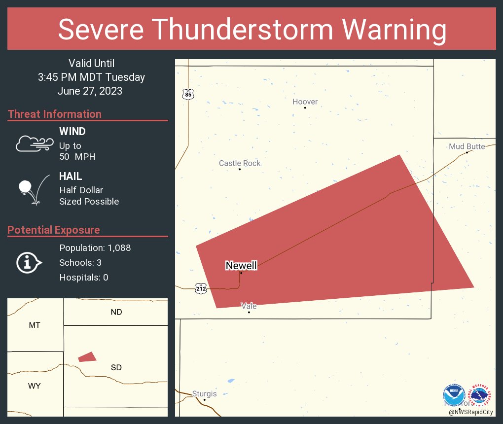 NWS Rapid City on Twitter "Severe Thunderstorm Warning including Newell SD until 345 PM MDT"