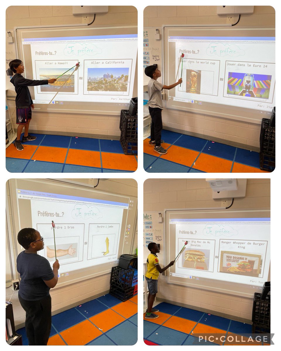 Préfères-tu…? 🤔

My students wrote 2 statements and took turns asking the class which one they preferred. What a fun activity to practice listening and speaking in French!

<a href="/ThomasMoreOCSB/">St. Thomas More School</a> <a href="/KMcGeeOCSB/">Kelly McGee</a> <a href="/MrsDoakOCSB/">Erin Doak</a> <a href="/ocsbBonjour/">𝕂 𝕥𝕠 𝟙𝟚 𝔽ℝ𝔼ℕℂℍ at the OCSB</a> #ocsbFSL #Communication