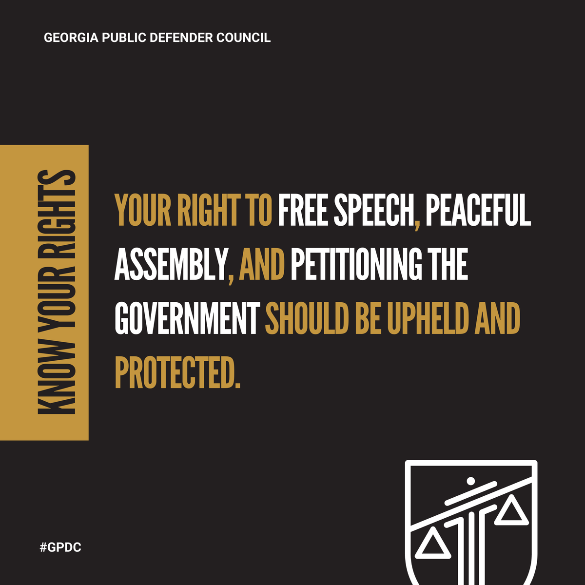 Exercising Your First Amendment: It's important to know and assert your rights. You have the right to free speech, peaceful assembly, and petitioning the government, which should be upheld and protected. Stay informed and empowered. #KnowYourRights #GAPublicDefender