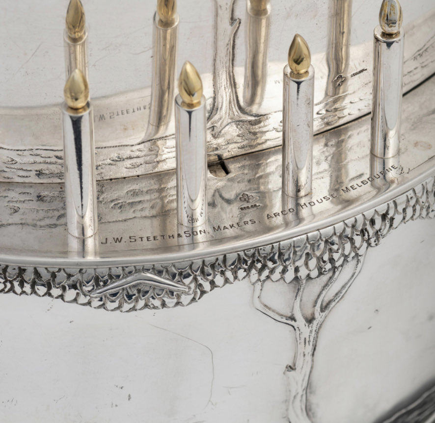 This grand sterling silver copy of the 1934 Centenary of Melbourne’s Birthday Cake is also a clock. It was found late last year, thousands of km from Melbourne in a shed on a remote far North Queensland property mysteriously hidden in a milk crate. Gibsons $30,000 - $50,000