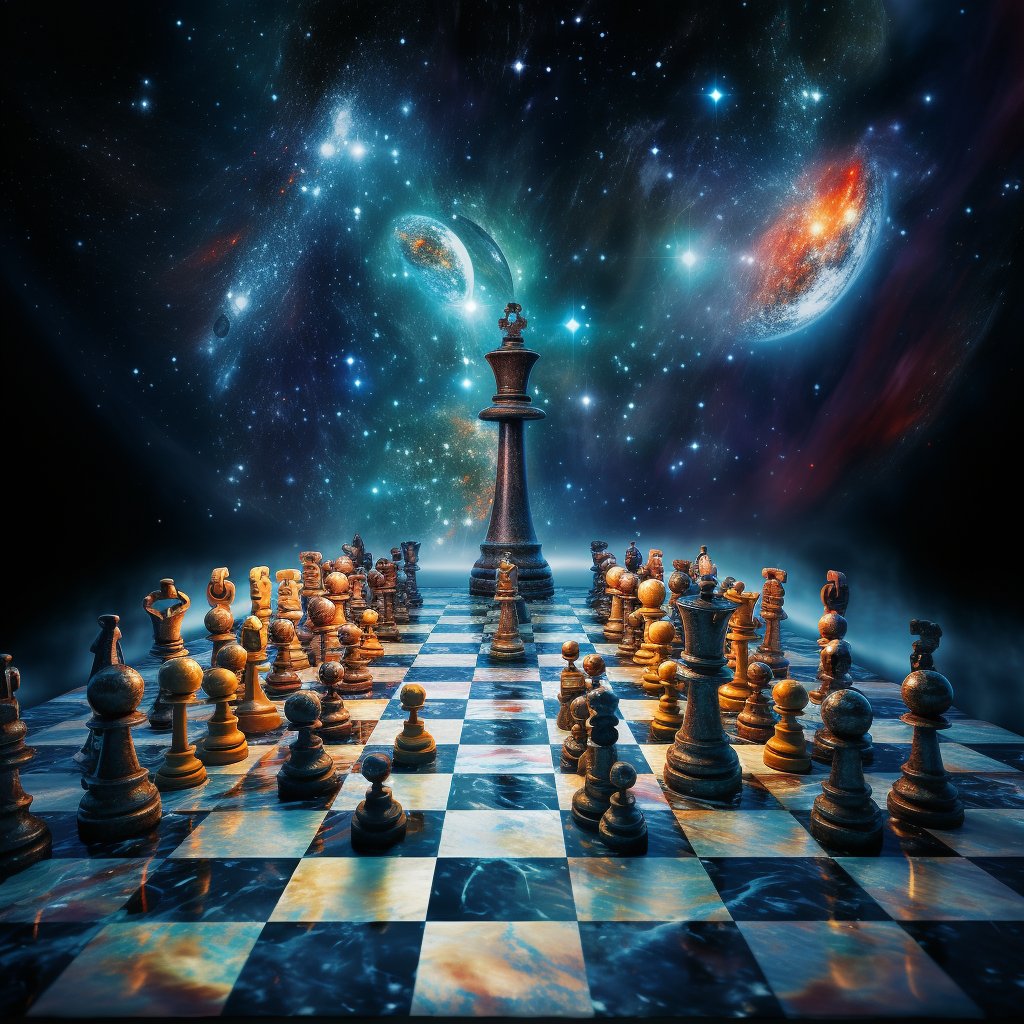 TheCuratorAI's tweet image. Delve into a cosmic chess game between galaxies, the pieces moved by the unseen hands of gravity. 🌌♟️ #AIart #CosmicChess