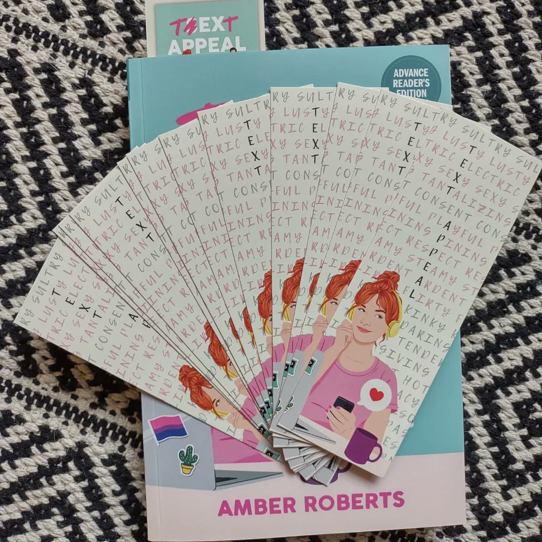 Bookmarks! Holographic stickers! Magnets with a logo I designed for a bar that only exists in my head! These can be yours if you pre-order or request Text Appeal at your library. amberrobertswrites.com/did-somebody-s…

#2023debuts @alcovepress @2023debuts #bookswag #textappeal #romancelandia