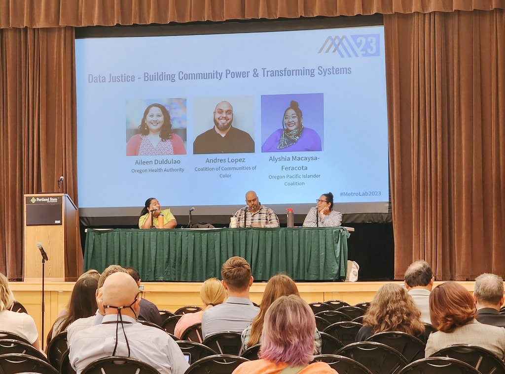 kdlucas04's tweet photo. Alyshia Macaysa-Feracota (Oregon Pacific Islander Coalition), Dr. Andres Lopez (@colorcoalition), Dr. Aileen Duldulao (@OHAOregon) discuss data justice, community expertise, data sovereignty, + power--incredibly important conversation for #civicresearch-ers to join. #MetroLab2023 https://t.co/4DAcMdejsE