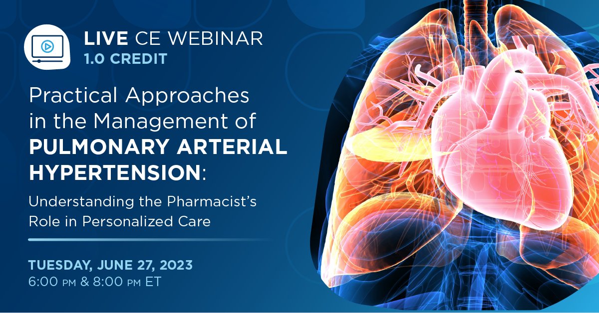It's not too late to register for tonight's live webinar on PAH! Learn more: bit.ly/3MXNdeU #PTCE #LiveWebinar #Specialty #FreeCE #rxtwitter #CEcredit
