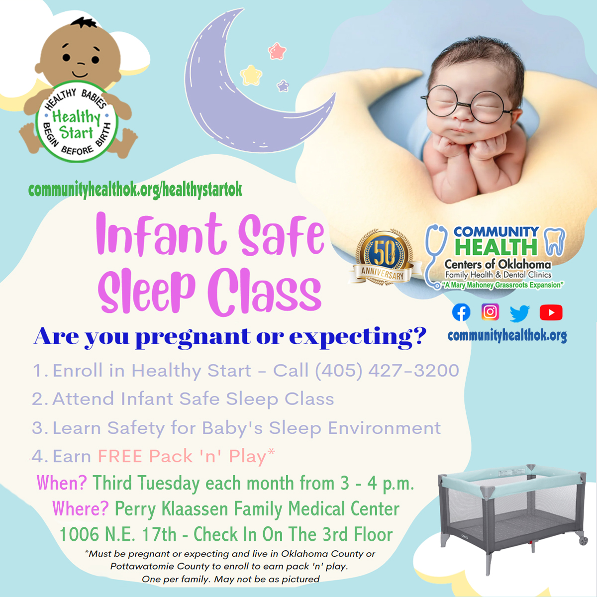 INFANT SAFE SLEEP
July 18th - 3 - 4 P.M.

FREE PACK 'N' PLAY for expecting parents when you enroll and attend a class Call 405.427.3200
Learn safe sleep principles for newborns and infants.

#safesleep #healthystart #babysleep