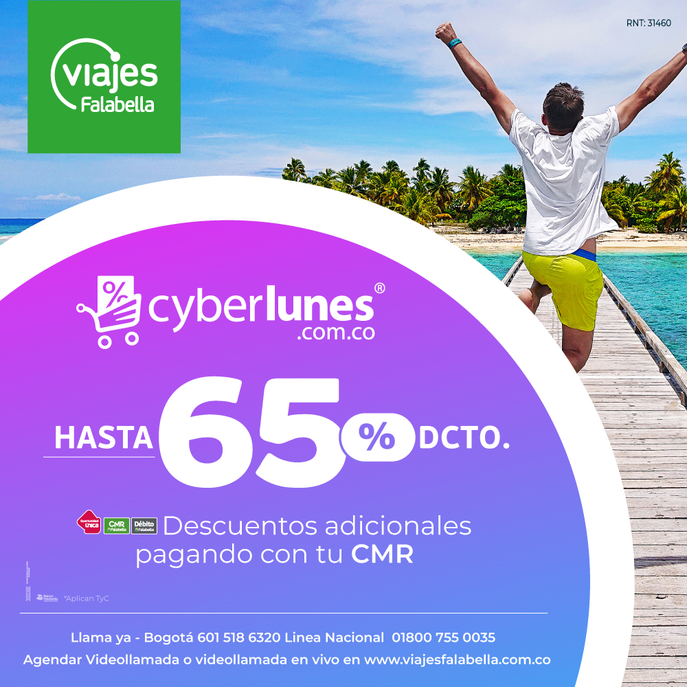Descuentos de hasta 65% en el Cyberlunes de Viajes Falabella! Tus próximas vacaciones están aquí, aprovecha, paquetes al Caribe Mexicano con hasta COP 1.500.000 de dcto, Circuitos por el mundo desde USD 199, Vuelos con hasta COP 400.000 dcto. bit.ly/44pOR0d