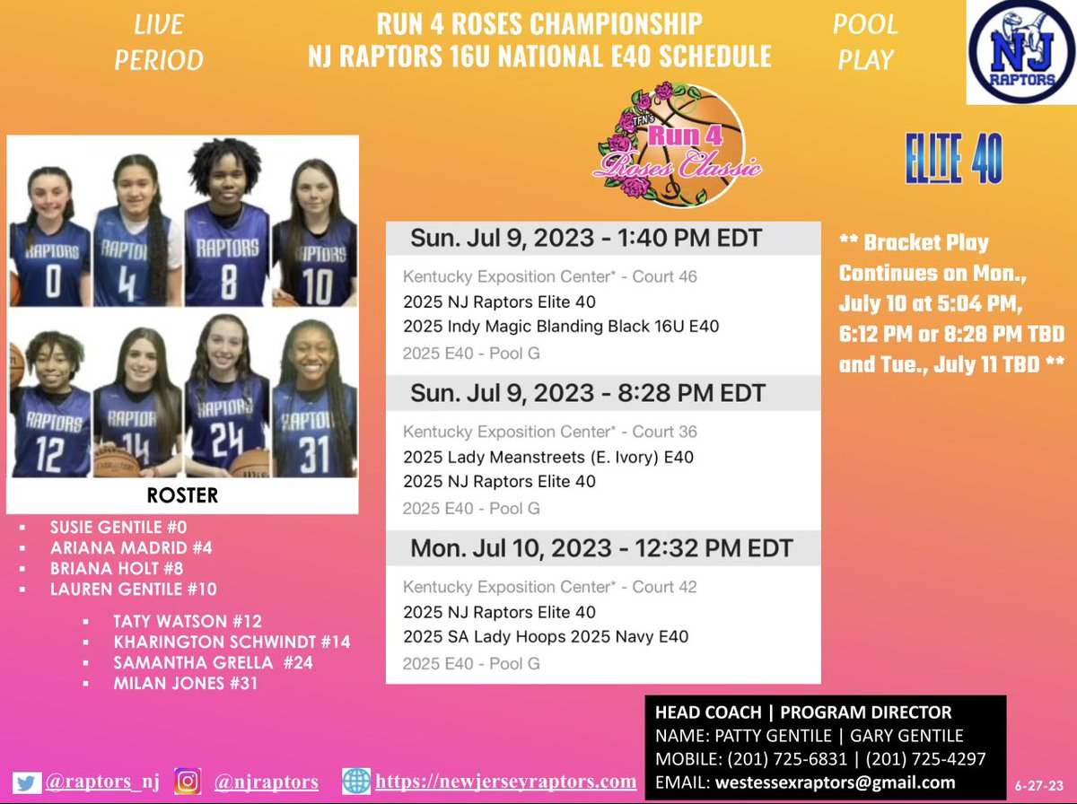 NJ Raptors Basketball (@raptors_nj) on Twitter photo College Coaches check out our NJ Raptors 16U National E40 team at Run 4 Roses Classic and Run 4 Roses Championships. Schedules ⬇️⬇️⬇️
<a href="/Elite40League/">Elite 40 League</a> <a href="/BashHoopsNE/">Bash Hudson</a> <a href="/NJLadiesHoops/">NJ Ladies Hoops</a> <a href="/NYGHoops/">NYGHoops</a> <a href="/NNJGirlsHoops/">North Jersey Girls Hoops</a> <a href="/PGHNewJersey/">Prep Girls Hoops New Jersey</a> <a href="/EJayArrow/">E J 🏀</a> <a href="/JrAllStarBB/">Jr. All-Star Girls Basketball</a> <a href="/TFNsRun4Roses/">TFN's Run 4 Roses</a> College Coaches check out our NJ Raptors 16U National E40 team at Run 4 Roses Classic and Run 4 Roses Championships. Schedules ⬇️⬇️⬇️
<a href="/Elite40League/">Elite 40 League</a> <a href="/BashHoopsNE/">Bash Hudson</a> <a href="/NJLadiesHoops/">NJ Ladies Hoops</a> <a href="/NYGHoops/">NYGHoops</a> <a href="/NNJGirlsHoops/">North Jersey Girls Hoops</a> <a href="/PGHNewJersey/">Prep Girls Hoops New Jersey</a> <a href="/EJayArrow/">E J 🏀</a> <a href="/JrAllStarBB/">Jr. All-Star Girls Basketball</a> <a href="/TFNsRun4Roses/">TFN's Run 4 Roses</a>