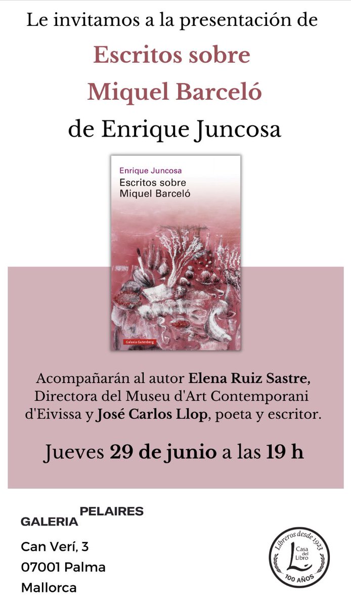 El jueves <a href="/casadellibro/">Casa del Libro</a> estará vendiendo los libros de la presentación del librl “Escritos sobre Miquel Barceló” de <a href="/EnriqueJuncosa/">enrique</a> <a href="/G_Gutenberg/">Galaxia Gutenberg</a> en <a href="/GaleriaPelaires/">Galeria Pelaires</a> . Le acompañaran <a href="/JCarlosLlop1/">J.Carlos Llop</a> @elenaruizsastre