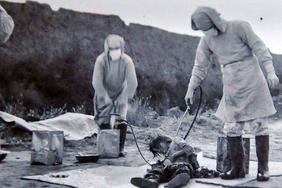 Unit 731, a Japanese biological warfare unit during WWII, conducted horrific human experiments on Chinese prisoners between 1935-1945. They carried out horrific experiments on innocent men, women, and children. This photo shows a test subject being doused with an unknown bacteria