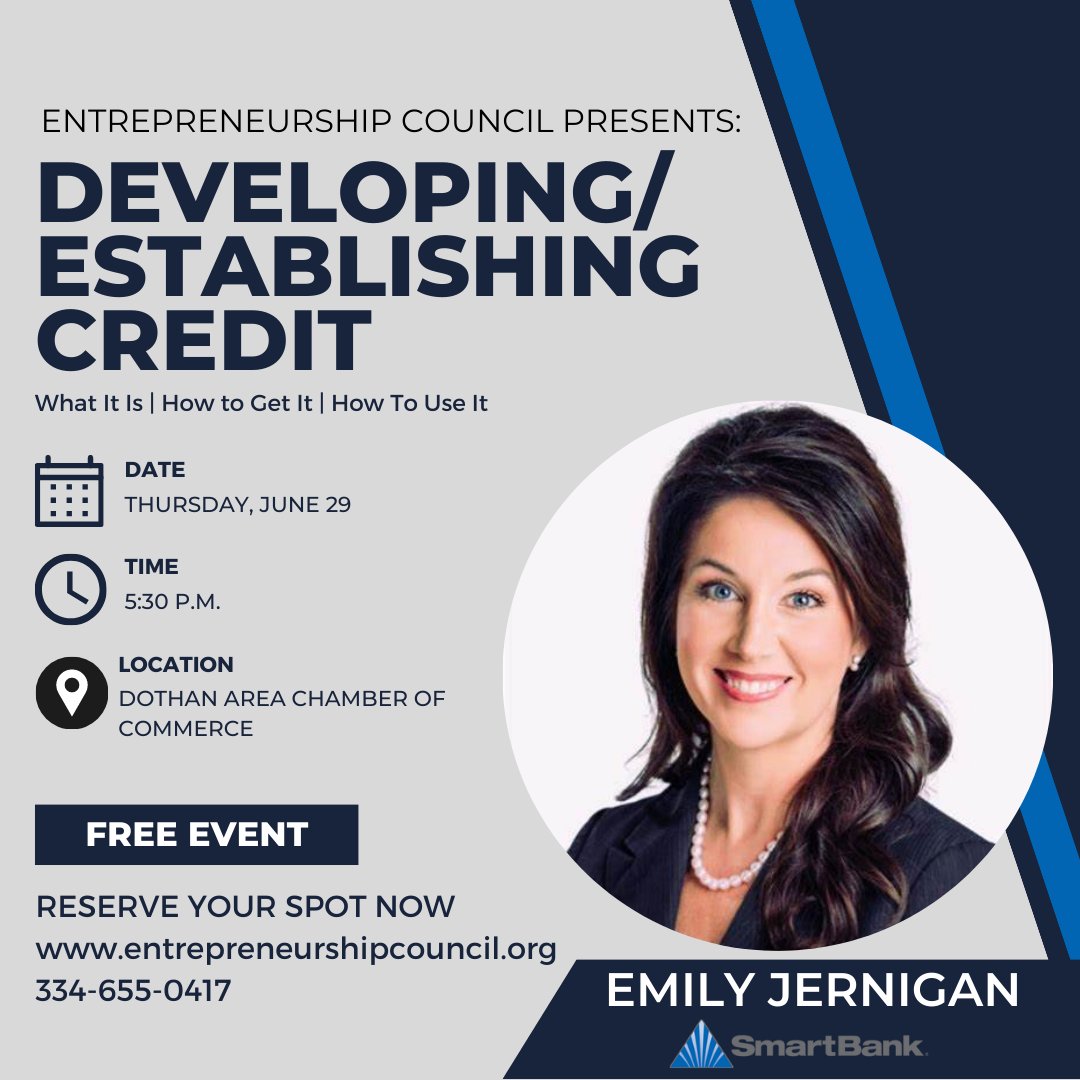 Do you need help navigating the world of credit to build your business? Join us for the Entrepreneurship Council meeting this Thursday, featuring Emily Jernigan with SmartBank! #EntrepreneurshipCouncil #NetworkingOpportunities