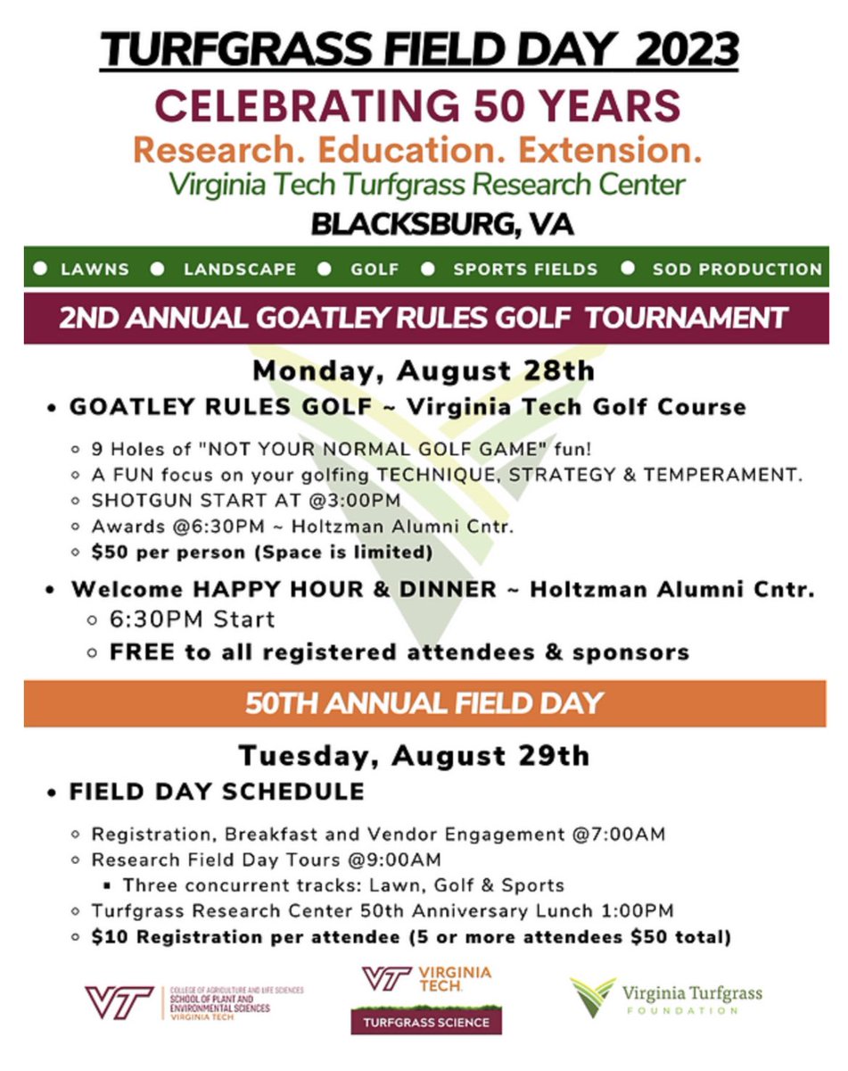 Registration is OPEN! 🙌 aimsbbis.vt.edu/turffieldday23 Join us for the @VTTurfgrass 50th Anniversary and Field Day festivities in Blacksburg.