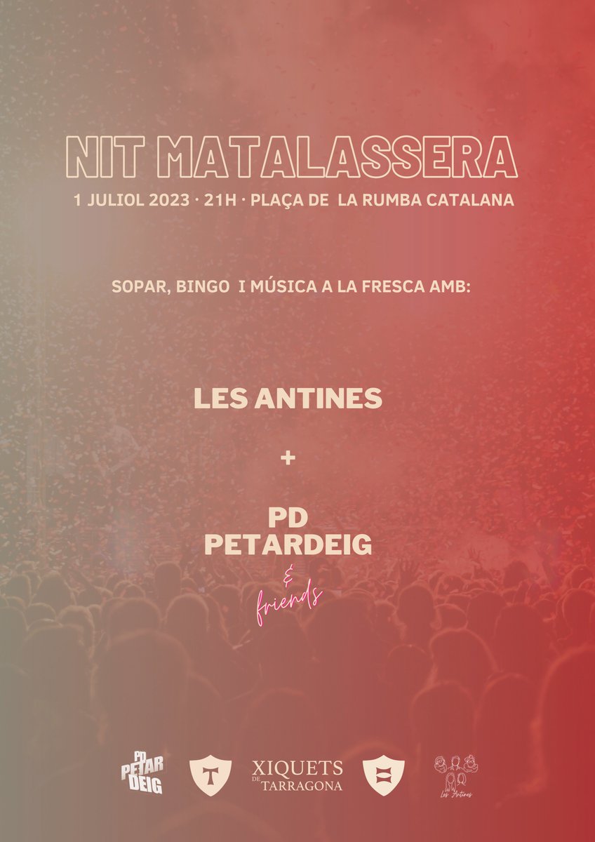 Xiquets de Tarragona (@xiquetstgn) on Twitter photo Aquest dissabte després de la diada del Pla de la Seu... sopar, bingo i música a la fresca amb <a href="/LesAntines_/">Les Antines</a> i Pd Petardeig & friends!
Us hi esperem!
#xiquetsdetarragona #castells #xdt Aquest dissabte després de la diada del Pla de la Seu... sopar, bingo i música a la fresca amb <a href="/LesAntines_/">Les Antines</a> i Pd Petardeig & friends!
Us hi esperem!
#xiquetsdetarragona #castells #xdt