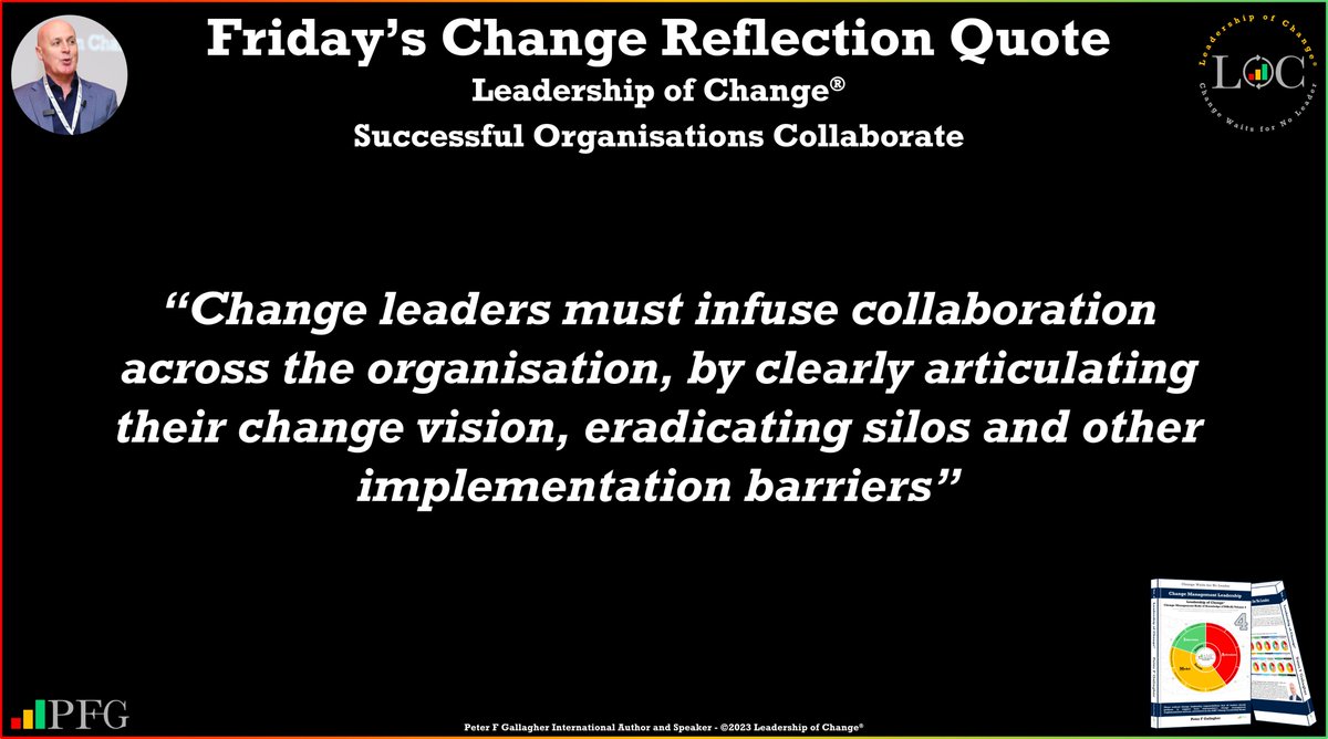 Friday’s Change Reflection Quote
#LeadershipOfChange
Change leaders must infuse collaboration across the organisation, by clearly articulating their change vision, eradicating silos and other implementation barriers
#ChangeManagement
bit.ly/3qUypGF