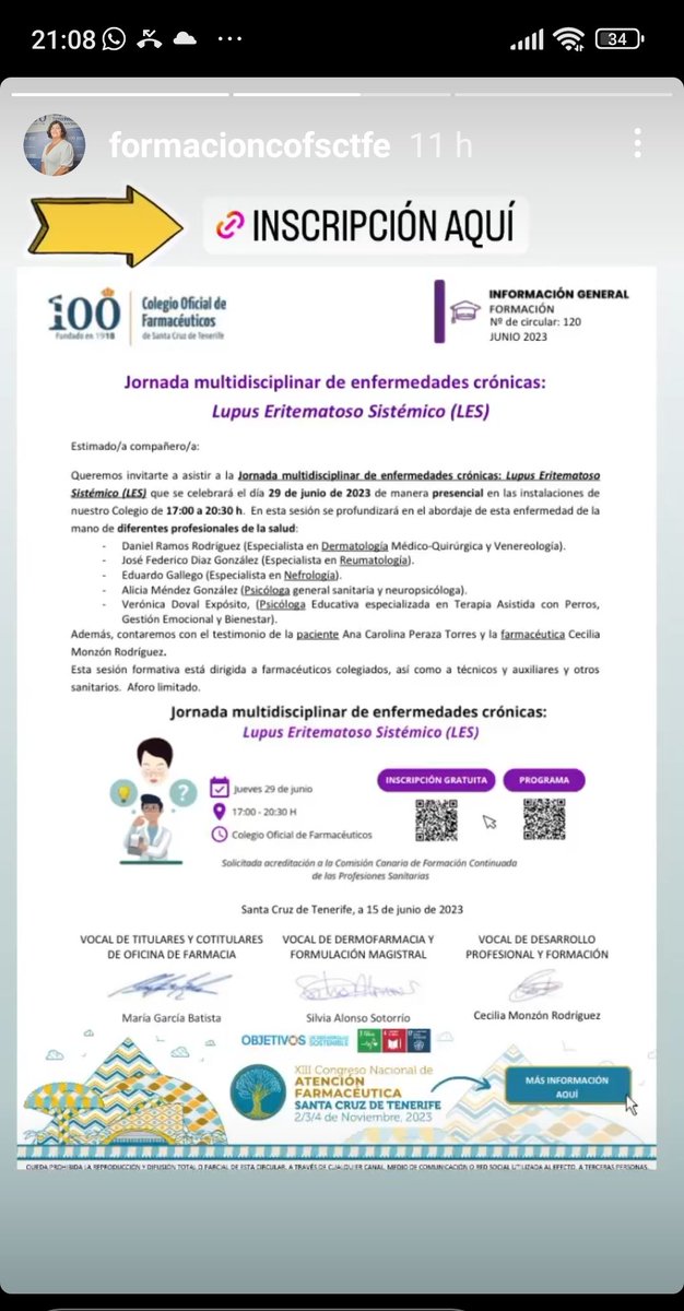 lupuscan2's tweet photo. Pueden inscribirse en estas jornadas del @FarmaceuticosSC el 29 de junio ,te esperamos para interactuar con los distintos profesionales que nos ayudan a tener el lupus en remisión💜💜
@SEReumatologia
@Felupus
@SanidadGobCan
@Sociedad_SEMI
#NoDejesQueelLupusGaneactua #Formaci https://t.co/2buXC3s5tx