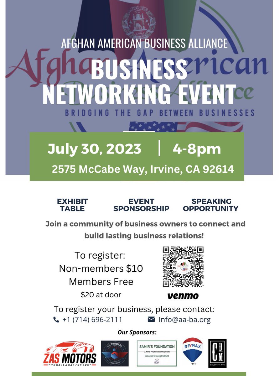 AABAUSA's tweet photo. UPDATE: Afghan American Business Alliance is hosting their very first business networking event on July 30th from 4-8pm! Join us for an evening filled with various businesses, speaking panel, fashion show, live music and our honorary guest, Ms. Farrah Khan, mayor of Irvine! https://t.co/SqYEhyJJCx