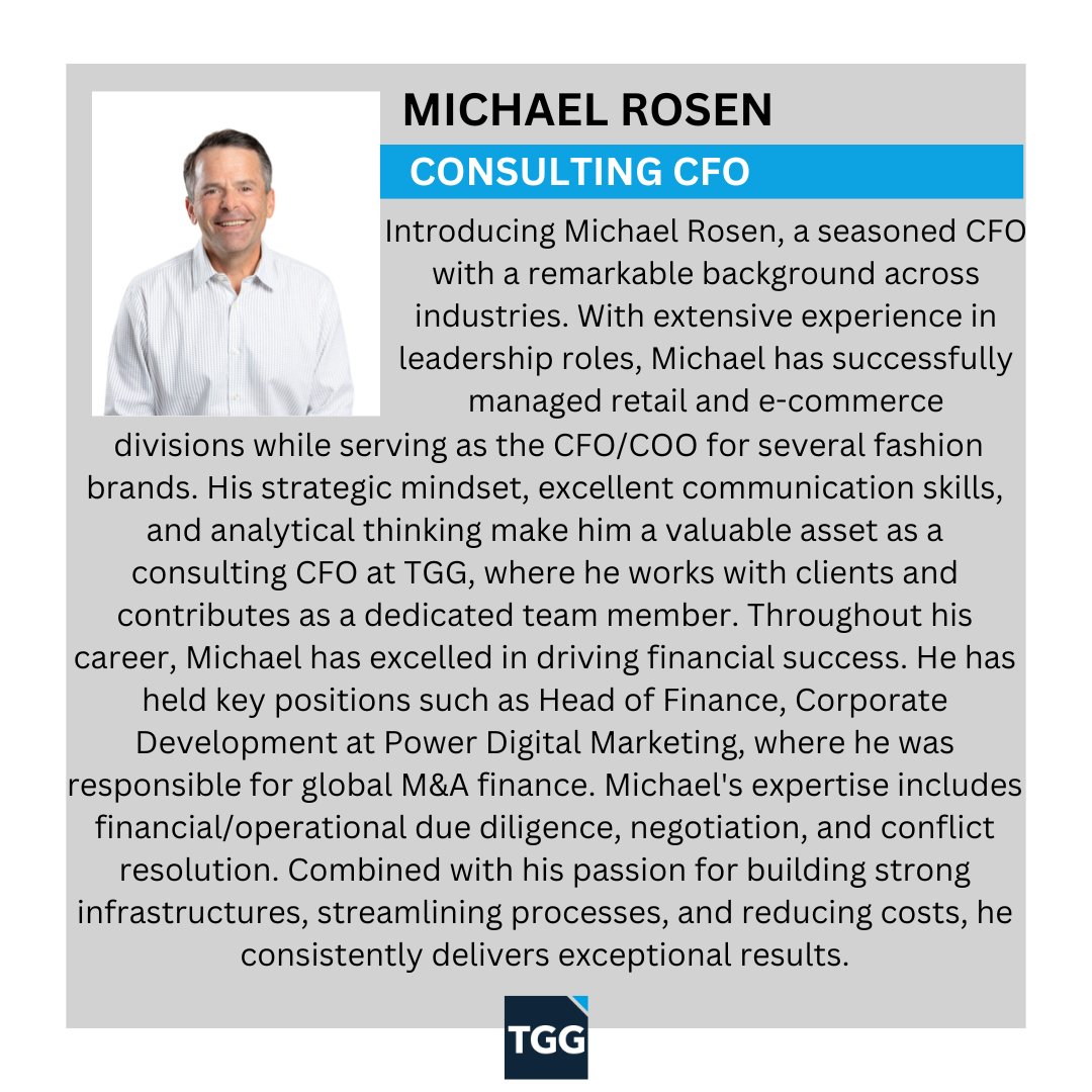 We are thrilled to introduce Michael Rosen, our newest CFO at TGG! With his impressive background and extensive industry experience, we have no doubt that he will bring a wealth of knowledge and expertise to our team. Welcome aboard, Michael!

#MichaelRosen #CFO #financialexpert