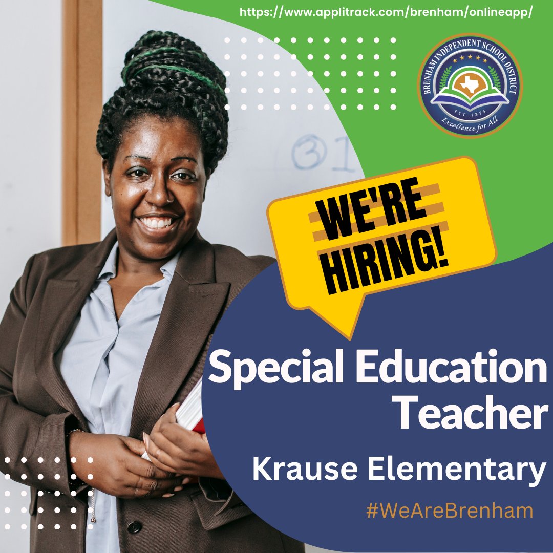 We are hiring! Krause Elementary is looking for a person to join their team as a Special Education Teacher. Interest in applying? Visit brenhamisd.net/page/hr.home to find out more about this position.
<a href="/BrenhamISD/">Brenham ISD</a>
#WeAreBrenham