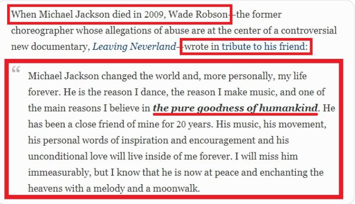 @vegansince96 @CaseyRain @TMZ 1/ Abuse against who? Robson? That's why MJ wanted the prosecutors to question Robson on the stand for hours? That's why Robson wanted to marry in Neverland and name his company after Neverland? That's why he said this about MJ in 2009?
Because of decades of abuse?