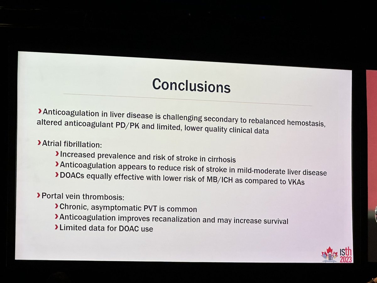 🚨NEW SSC Guidance on the Treatment of Thrombosis in Cirrhosis proposed by Stephanie Carlin 

💡 Patients with Afib or PVT should be treated. 

🌟In both cases, DOACs, specifically Apixaban & Edoxaban are preferred in Child Pugh A or B. 
#ISTH2023