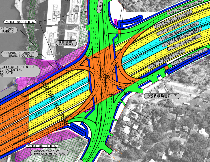 KUTnathan's tweet photo. At Riverside Drive, TxDOT plans to put a type of intersection called a "single-point urban interchange." This rendering shows very light traffic and a light-rail train crossing the interstate. https://t.co/JpVNJGRKOF