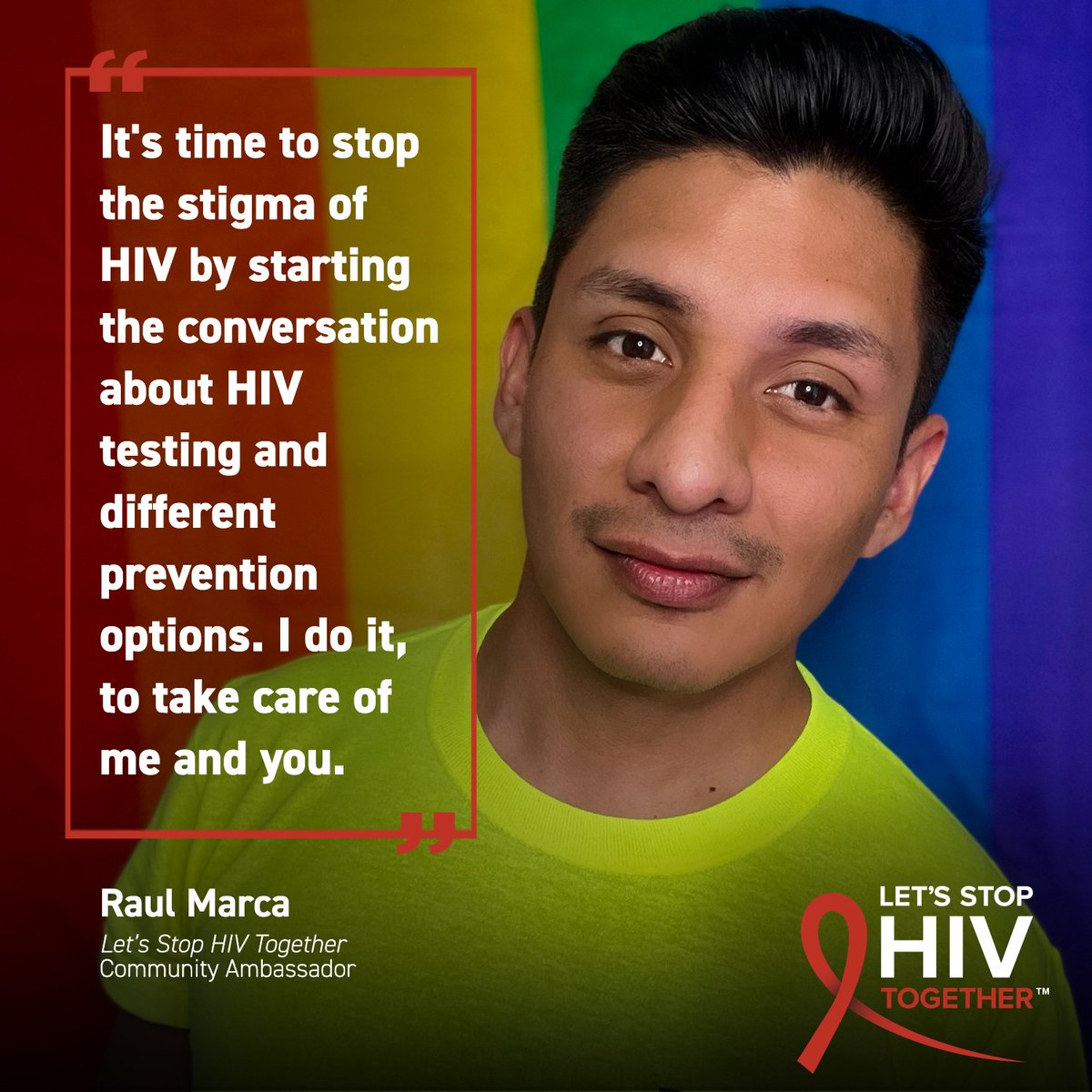 Meet today’s Let’s #StopHIVTogether Ambassador: Raul Marca (@raulmarcat)! 👋 

Raul reminds us that stopping HIV stigma starts with YOU! Start the conversation about HIV and take the test to know your status.

#HIVTestingDay #TogetherAmbassadorSpotlight