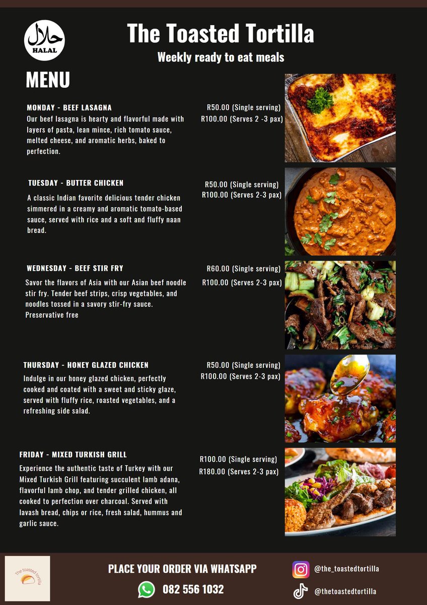 Our weekly meal menu is out. Place your orders via WhatsApp. All food is strictly Halaal. We also provide vegetarian options.🍲

#readytoeat
#Strandfontein
#muizenberg
#fishhoek 
#halalfood