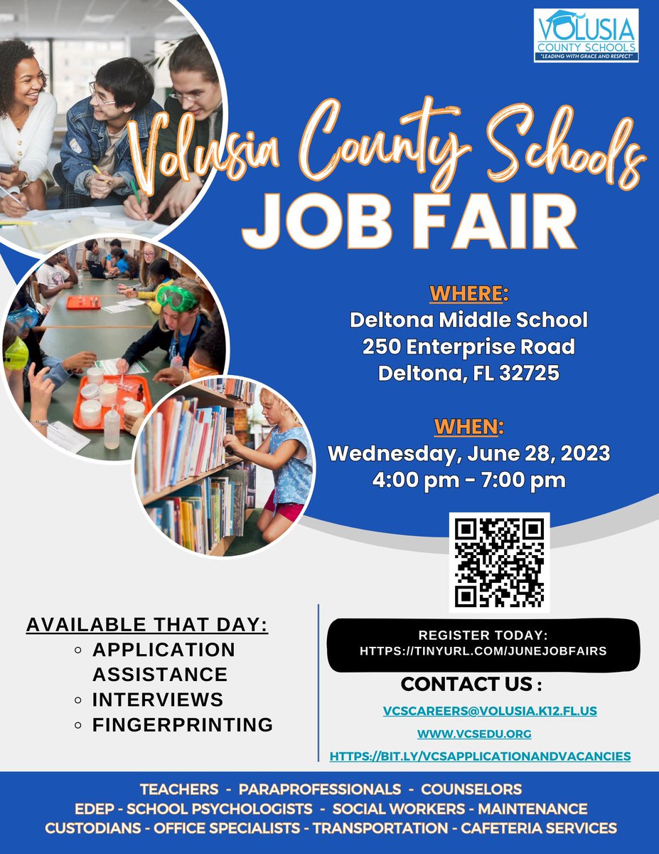 Thank you #TeamVolusia for a great  #JobFair!!! So excited for newest members joining our #VCSfamily! 

Don’t miss the last 𝘑𝘶𝘯𝘦 𝘑𝘰𝘣 𝘍𝘢𝘪𝘳 𝐭𝗼𝗺𝗼𝐫𝐫𝗼𝐰 at 𝐃𝐞𝐥𝐭𝗼𝐧𝐚 𝐌𝐢𝐝𝐝𝐥𝐞 tinyurl.com/JuneJobFairs 

#NowHiring #WhyVolusia #k12jobs