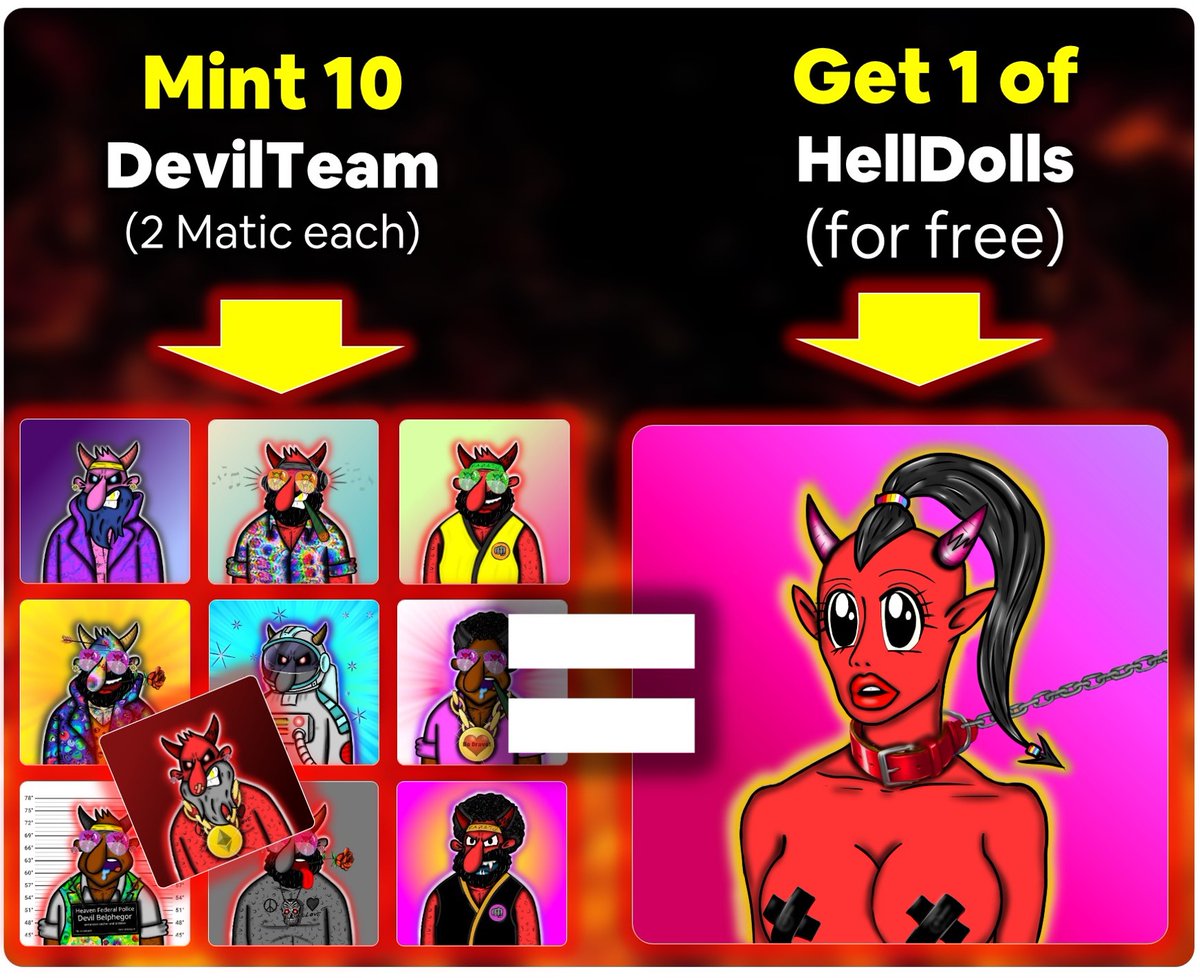 --------------------------------------------------- 💥10 Devils + 1 HellDoll (all for 20 Matic) 💥 --------------------------------------------------- MINT HERE: nft-generator.art/mints/cl2eou2b… ---------------------------------------------------