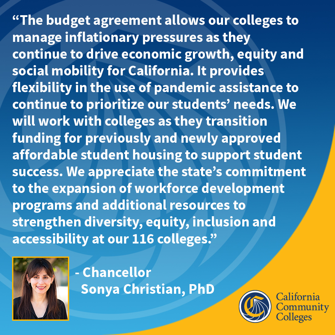 MEDIA STATEMENT
<a href="/CalCommColleges/">California Community Colleges</a> Chancellor Sonya Christian, PhD, has issued the following statement on the budget agreement between Gov. Gavin Newsom and top legislative leaders for 2023-24: bit.ly/3Psvrn4. 
#CABudget