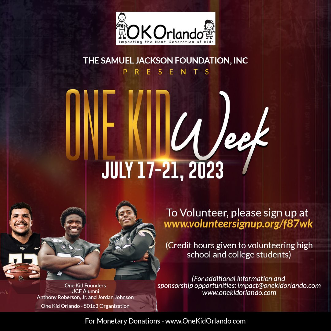 Kelton Jordan Johnson (@3rdjohnsonboy) on Twitter photo ORLANDO, FL‼️
Some familiar faces are coming home! Partnering with my guys <a href="/Sam_K_Jackson/">Samuel Jackson</a> @AntRoberson1 <a href="/OneKidUnited/">One Kid Orlando</a> hosting our 2ND ANNUAL ONE KID WEEK 🤩 It’ll be a week of charitable events for the youth in Orlando! Volunteer sign up in the link below as well as donations ORLANDO, FL‼️
Some familiar faces are coming home! Partnering with my guys <a href="/Sam_K_Jackson/">Samuel Jackson</a> @AntRoberson1 <a href="/OneKidUnited/">One Kid Orlando</a> hosting our 2ND ANNUAL ONE KID WEEK 🤩 It’ll be a week of charitable events for the youth in Orlando! Volunteer sign up in the link below as well as donations