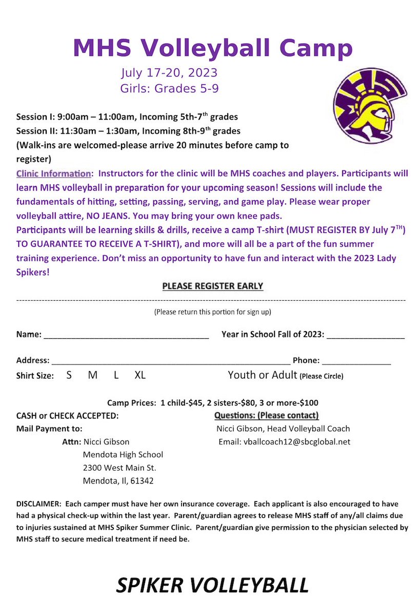 Mendota Spikers (@mendotaspikers) on Twitter photo Volleyball camp is approaching in the month of July. If you have not signed up, please do asap so you are guaranteed a t-shirt. <a href="/mendotahigh/">Mendota High School</a> <a href="/NewsTrib/">La Salle NewsTribune - Shaw Local</a> <a href="/saukvalley/">Sauk Valley Media - Shaw Local</a> Volleyball camp is approaching in the month of July. If you have not signed up, please do asap so you are guaranteed a t-shirt. <a href="/mendotahigh/">Mendota High School</a> <a href="/NewsTrib/">La Salle NewsTribune - Shaw Local</a> <a href="/saukvalley/">Sauk Valley Media - Shaw Local</a>