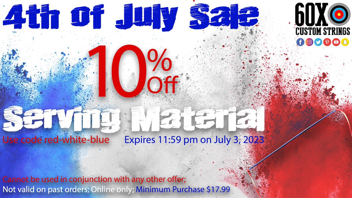 60XCustomString's tweet photo. Save 10% on all serving material at 60X! Use code red-white-blue. Expires 11:59 pm on July 4, 2023. Cannot be used in conjunction with any other offer. Not valid on past orders. Online only. Minimum purchase $17.99🤑
https://t.co/tvqMvgdzrs
#60xcustomstrings #servingmaterial https://t.co/BP7mW3nTTX