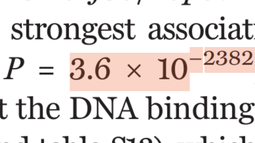 The smallest p-value that I've ever seen reported is
😱 3.6 * 10^-2382 😱

Paper: science.org/doi/10.1126/sc…
Sci-hub link: sci-hub.st/10.1126/scienc…

If you ever see a smaller p-value, do let me know! I collect them. [1/3]