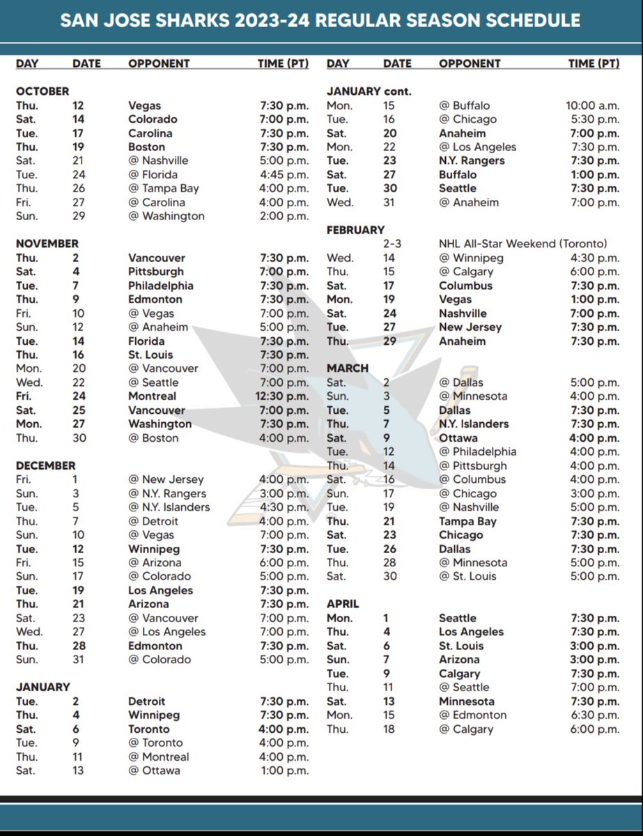 The San Jose Sharks 2023-24 NHL regular season schedule. 🗓️🦈
#SJSharks | #SharksTerritory