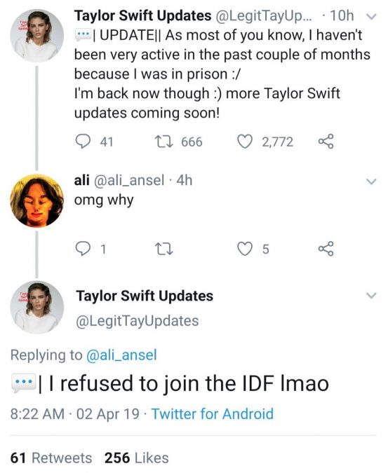 zei_squirrel's tweet image. when a Taylor Swift fan account was imprisoned for refusing to serve in the genocidal Israeli apartheid regime's army and kept sending updates from the inside