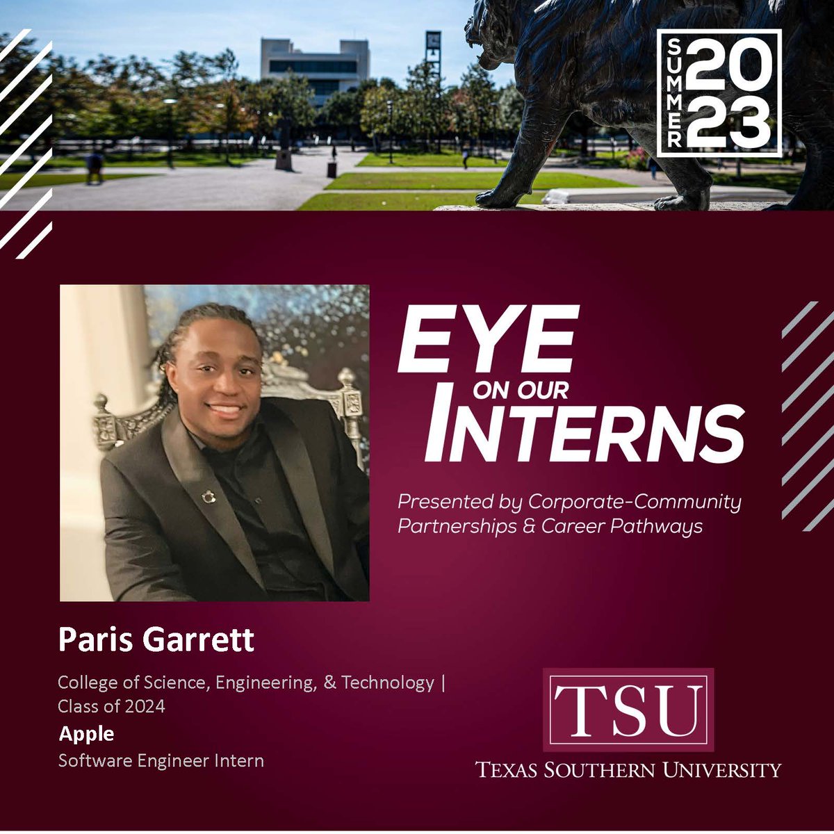 TexasSouthern's tweet photo. TSU senior Paris Garrett is working with @Apple for a second summer as an Artificial Intelligence/Machine Learning Software Engineer intern where he's using machine learning to combat fraud.
#TSUProud #TexasSouthern #TSU #TSUInterns #Apple https://t.co/b2X7gcOo8V