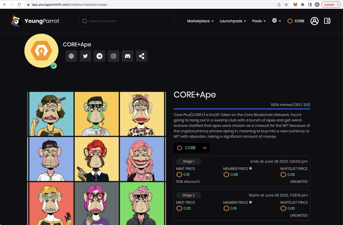 YoungParrot, NFT Marketplace & Token Launchpad (@youngparrotnft) on Twitter photo 🥳🥳🥳 Launchpad Completed
Congratulations to <a href="/CorePlus_Org/">Core PLUS 🔶️</a> !
CORE+Ape launchpad is completed, check its collection here app.youngparrotnft.com/core/collectio…
#CoreDAO #YoungParrot 🥳🥳🥳 Launchpad Completed
Congratulations to <a href="/CorePlus_Org/">Core PLUS 🔶️</a> !
CORE+Ape launchpad is completed, check its collection here app.youngparrotnft.com/core/collectio…
#CoreDAO #YoungParrot