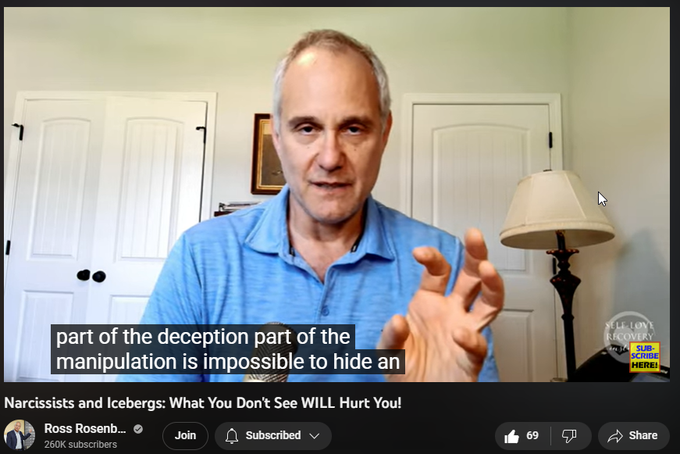 402 views  27 Jun 2023
In this video, Ross Rosenberg, M.Ed., LCPC, CADC, introduces his "Iceberg Hypothesis," which uses an iceberg as a metaphor for a pathological narcissist. Like narcissists, an iceberg only shows a small portion of itself on the surface, while hiding most of itself beneath the water.

Narcissists, especially covert narcissists or someone with antisocial personality disorder (sociopath), often portray themselves as kind, respectful, giving, and loving on the "surface," but in reality, they are hiding the dark, controlling, selfish and angry side of themselves "beneath the water."

ABOUT ROSS ROSENBERG
Ross Rosenberg, M.Ed., LCPC, CADC is a psychotherapist, educator, expert witness, and celebrated author. He is also a global thought leader and clinical expert in codependency, trauma, pathological narcissism, narcissistic abuse, and addictions.

Ross's pioneering codependency contributions are responsible for the sweeping theoretical and practical updates and developi