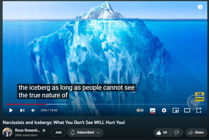 402 views  27 Jun 2023
In this video, Ross Rosenberg, M.Ed., LCPC, CADC, introduces his "Iceberg Hypothesis," which uses an iceberg as a metaphor for a pathological narcissist. Like narcissists, an iceberg only shows a small portion of itself on the surface, while hiding most of itself beneath the water.

Narcissists, especially covert narcissists or someone with antisocial personality disorder (sociopath), often portray themselves as kind, respectful, giving, and loving on the "surface," but in reality, they are hiding the dark, controlling, selfish and angry side of themselves "beneath the water."

ABOUT ROSS ROSENBERG
Ross Rosenberg, M.Ed., LCPC, CADC is a psychotherapist, educator, expert witness, and celebrated author. He is also a global thought leader and clinical expert in codependency, trauma, pathological narcissism, narcissistic abuse, and addictions.

Ross's pioneering codependency contributions are responsible for the sweeping theoretical and practical updates and developi