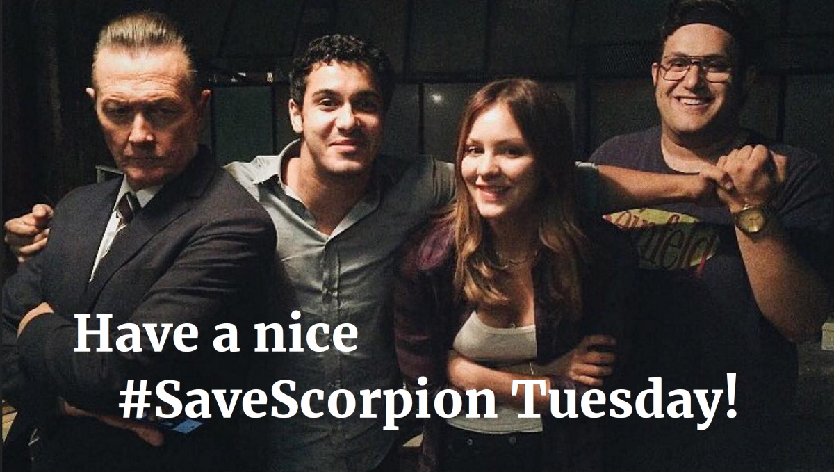 @chpspics @DouglasHespelt @Trindale @MArmenoff @KateSimonwriter @joy_helsley1 @jboogiebrown @HeikeTappe @paramountco Good afternoon, dear Chip! Happy #SaveScorpion Tuesday, my Scorpion friends!