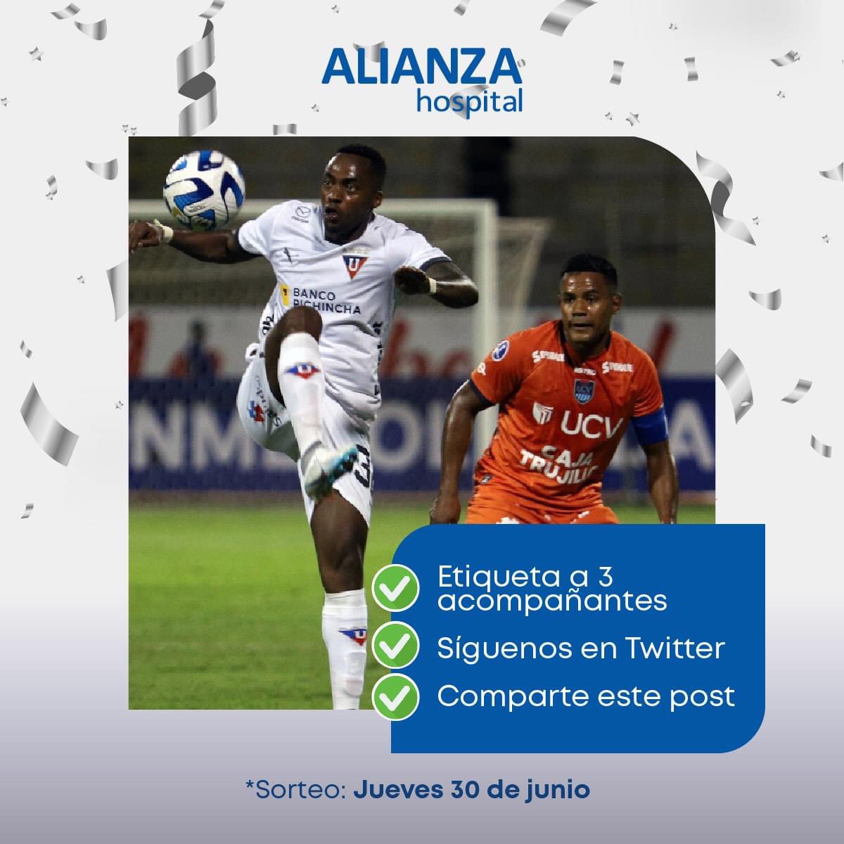 Hospital Alianza te lleva a la Conmebol Sudamericana 🤩🏟️
✅Sigue los pasos del post y gana pases dobles para disfrutar entre amigos o familia de un duelo futbolístico emocionante 🥳⚽️
Síguenos 🔵 <a href="/halianzaec/">Hospital Alianza del Ecuador</a>
<a href="/LDU_Oficial/">LDU Oficial</a> 🤍❤️
#Hospital #LDU #fútbol #ConmebolSudamericana