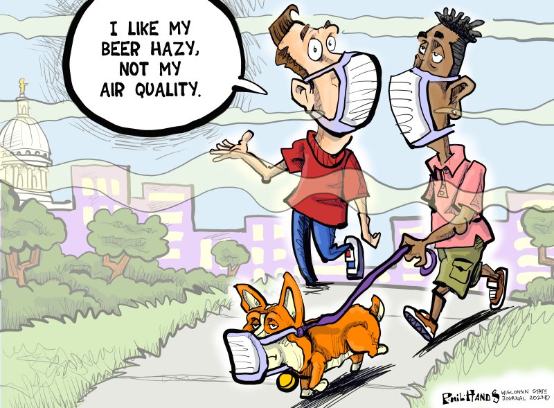 PhilHands's tweet photo. Wisconsin hazy air quality is no fun in my latest cartoon for the @WiStateJournal. #haze #CanadaWildfires https://t.co/Rde99tPT33