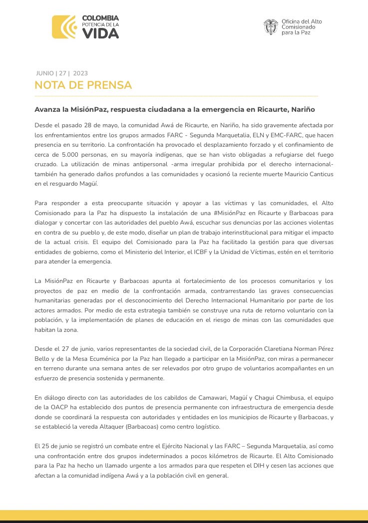 ComisionadoPaz's tweet image. Nota de prensa 📰 | Avanza la #MisiónPaz, respuesta ciudadana a la emergencia en #Ricaurte y Barbacoas, Nariño.