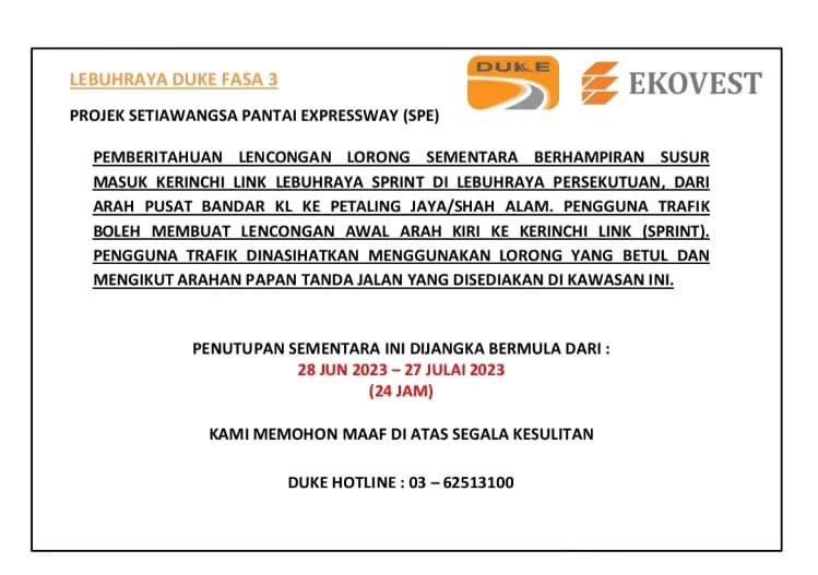 spehighway's tweet photo. Pemberitahuan lencongan lorong sementara berhampiran susur masuk Kerinchi Link berhampiran Lebuhraya Sprint di Lebuhraya Perseketuan. Dari arah Pusat Bandar KL ke Petaling Jaya / Shah Alam. 

Penutupan sementara ini dijangka bermula dari : 28 Jun 2023 - 27 Julai 2023 ( 24jam ) https://t.co/puUhd0Kd5T