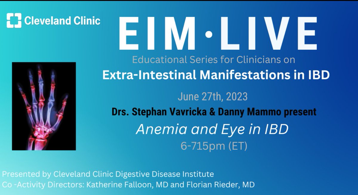 drRobinDud's tweet photo. Another important meeting with #Cleveland, Ohio

Extraintestinal complications of #IBD

🩸#Anaemia
and
👁️#Eay

@CleClinicMD https://t.co/WbE5DXsn5Q