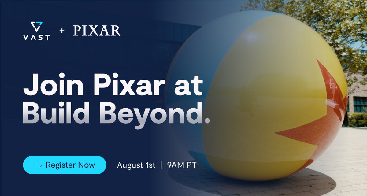 VAST_Data's tweet photo. We’re excited to announce that @Pixar will join our global Build Beyond launch broadcast on August 1. As part of our programming, attendees will learn why Pixar has chosen VAST to power their #data and #animation journeys...to infinity and beyond.

Register here ➡ https://t.co/rV5PEeLcES

#buildbeyond