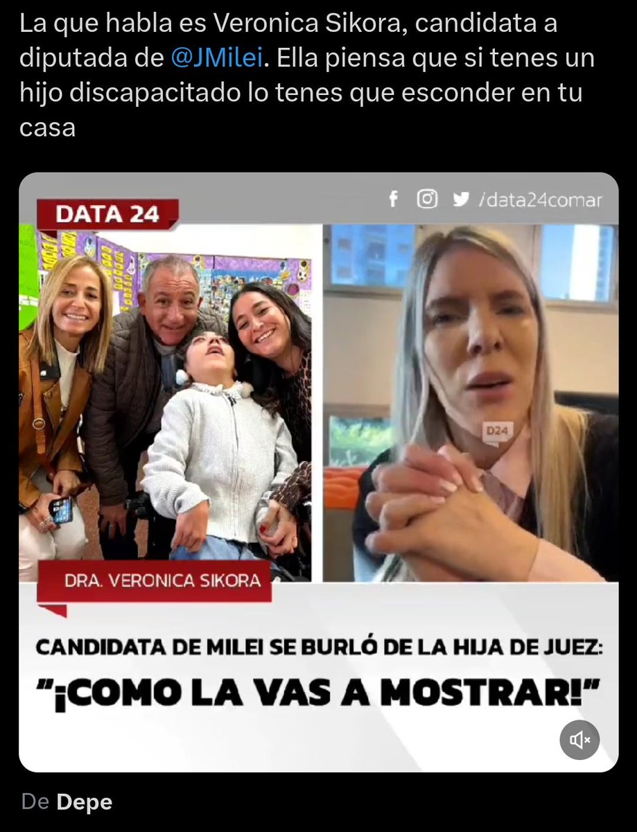 Quiero expresar mi enérgico repudio ante los dichos de Franco Luna y Verónica Sikora, ambos pertenecientes al espacio político La Libertad Avanza que denostan, discriminan y pretenden limitar el ejercicio pleno de derechos de las personas con discapacidad.