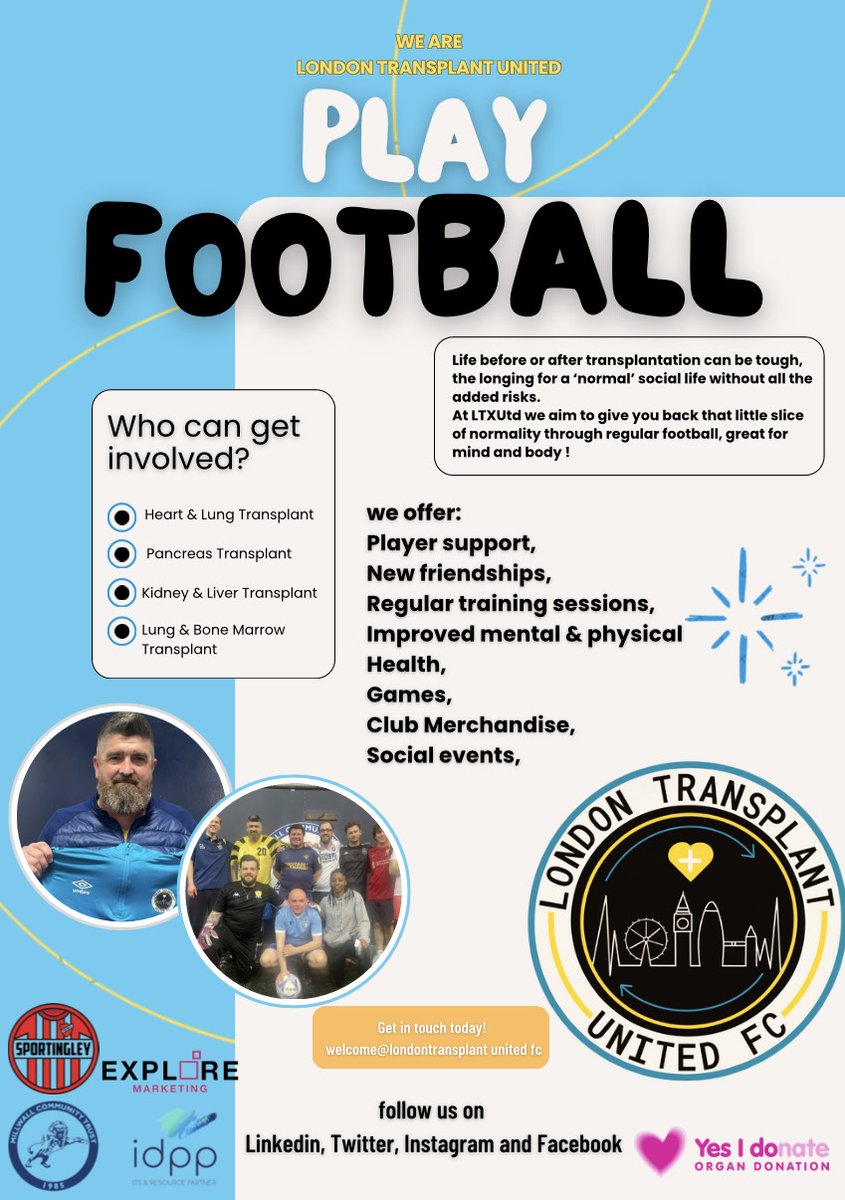 Please spread the word on this amazing opportunity by and for ALL #transplant #patients that wish to play football and connect with peers. Sponsors and other support very welcome too of course. Proud to be ambassador of this great initiative @LondonTxUtd @FionaCLoud @kidneycareuk